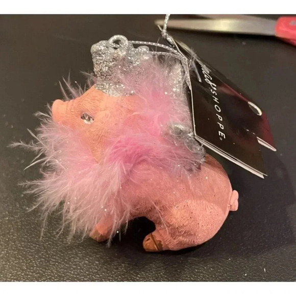 Pink Glitter Pig Princess Queen Christmas Ornament‎ Boa Silver Crown Wings NEW - Picture 2 of 5